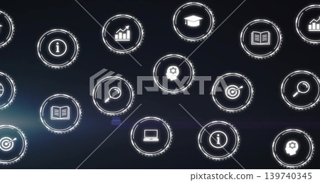 Floating cluster of glowing circular UI icons hovering over deep navy gradient, with light streak Floating cluster of glowing circular UI icons hovering over deep navy gradient, with light streak 139740345