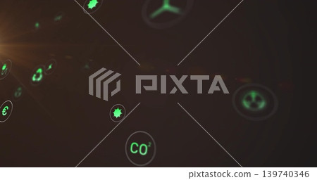 Floating glowing circular CO2 icon occupying center in dark virtual space, showing green tokens Floating glowing circular CO2 icon occupying center in dark virtual space, showing green tokens 139740346