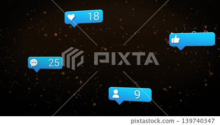 Floating blue alert bubbles filling center on dark bokeh backdrop, showing heart18 comment25 user9 Floating blue alert bubbles filling center on dark bokeh backdrop, showing heart18 comment25 user9 139740347