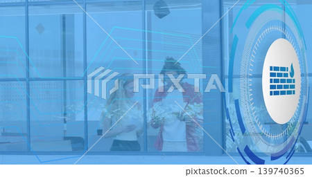 Examining plants, man in red jacket and woman in white top by glass, HUD brick icon Examining plants, man in red jacket and woman in white top by glass, HUD brick icon 139740365