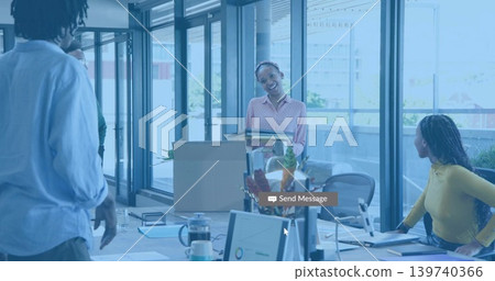 Presenting folders standing woman engaging team in office wearing collared shirt with cardboard box Presenting folders standing woman engaging team in office wearing collared shirt with cardboard box 139740366