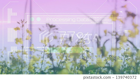 Swaying yellow flower cluster catching pastel light in meadow, with HUD showing 77% processing Swaying yellow flower cluster catching pastel light in meadow, with HUD showing 77% processing 139740372