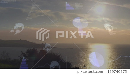Bathing centered sun casting vertical reflection over calm sea near dark headland, with HUD charts Bathing centered sun casting vertical reflection over calm sea near dark headland, with HUD charts 139740375