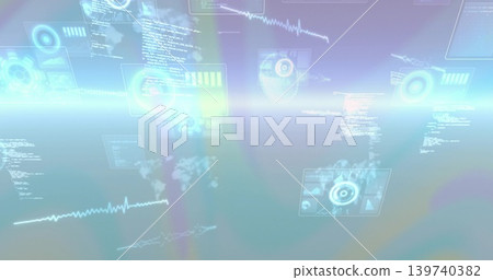 Displaying holographic panels floating in pastel virtual HUD, showing radar, waves, code readouts Displaying holographic panels floating in pastel virtual HUD, showing radar, waves, code readouts 139740382