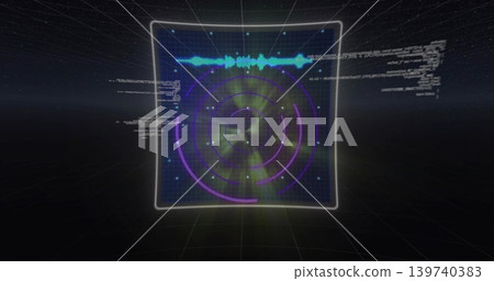 Glowing hologram square display showing purple radar arcs in 3D grid, emitting cyan waveform Glowing hologram square display showing purple radar arcs in 3D grid, emitting cyan waveform 139740383