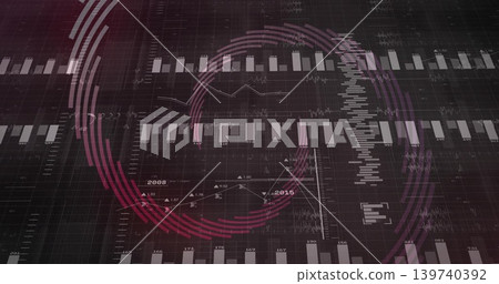 Showing data dashboard on dark screen, with bar charts, line graphs, magenta purple rings 2008 2015 Showing data dashboard on dark screen, with bar charts, line graphs, magenta purple rings 2008 2015 139740392