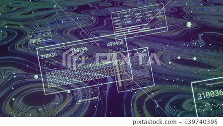 Displaying center HUD panels and keyboard over swirling contour waves, showing numbers and nodes Displaying center HUD panels and keyboard over swirling contour waves, showing numbers and nodes 139740395