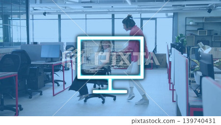 Talking coworkers woman in blouse and skirt and man in red sweater in office neon overlay Talking coworkers woman in blouse and skirt and man in red sweater in office neon overlay 139740431