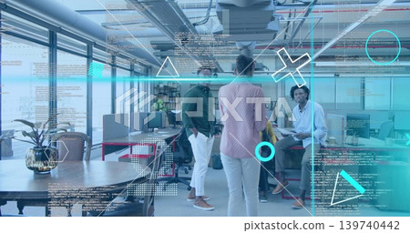 Gathering team of four in business clothes having standup near left windows, with code overlays Gathering team of four in business clothes having standup near left windows, with code overlays 139740442