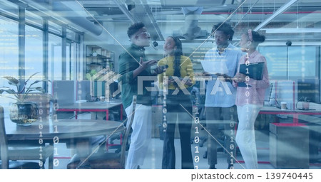 Discussing four coworkers wearing businesswear in open-plan office, with tablet and binary overlay Discussing four coworkers wearing businesswear in open-plan office, with tablet and binary overlay 139740445