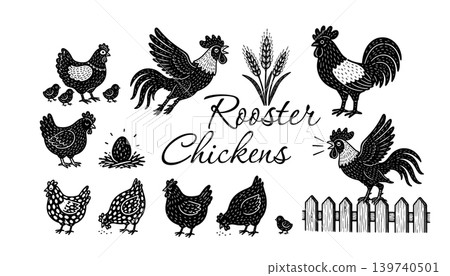 Birds on the farm set of cute silhouettes Hand drawn. Not AI, vector illustration. Birds on the farm set of cute silhouettes Hand drawn. Not AI, vector illustration. 139740501