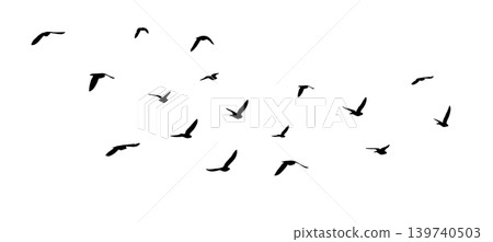 Flying birds silhouette flock. hand drawing. Not AI. Vector illustration Flying birds silhouette flock. hand drawing. Not AI. Vector illustration 139740503