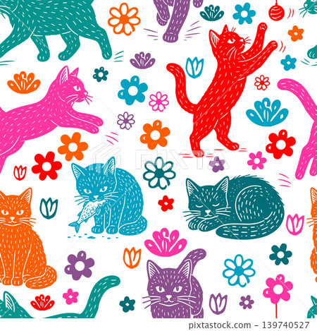 Seamless pattern with cats and flowers. Decorated cats with flowers, leaves, polka dots, designed for printing on paper, fabric, children's clothing, and wallpaper. Hand drawn. Not AI vector 139740527