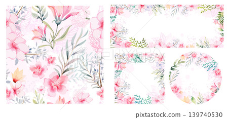 A set of beautiful frames made of watercolor pink flowers. Hand drawn. Not AI, vector illustration A set of beautiful frames made of watercolor pink flowers. Hand drawn. Not AI, vector illustration 139740530