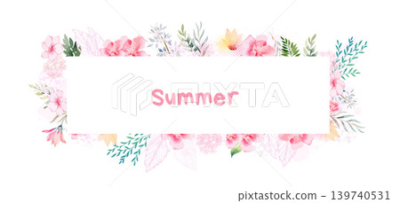 Horizontal frame with watercolor flowers. Hello summer. Hand drawn. Not AI, vector illustration Horizontal frame with watercolor flowers. Hello summer. Hand drawn. Not AI, vector illustration 139740531