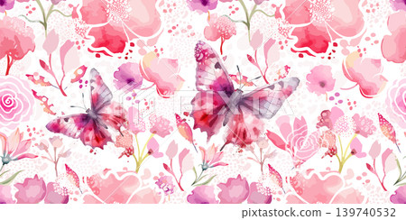 Delicate seamless background with pink watercolor flowers with butterflies. Hand drawn. Not AI, vector illustration Delicate seamless background with pink watercolor flowers with butterflies. Hand drawn. Not AI, vector illustration 139740532