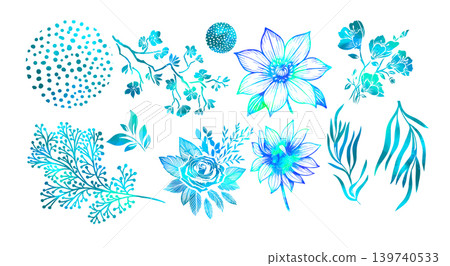 Set of neon flowers on a white background . Hand drawn. Not AI, vector illustration. 139740533