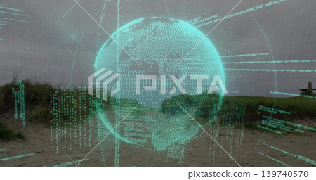 Hovering cyan hologram globe blending with dunes, streaming teal code around wooden ridge posts Hovering cyan hologram globe blending with dunes, streaming teal code around wooden ridge posts 139740570