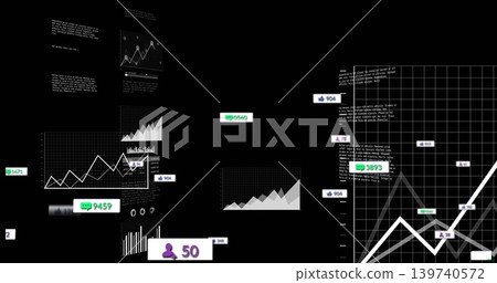 Displaying cluster of overlapping line graphs and metric badges on black UI canvas, showing icons Displaying cluster of overlapping line graphs and metric badges on black UI canvas, showing icons 139740572