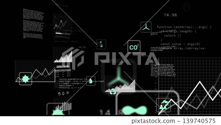 Showing centered rounded panel glowing on virtual dashboard, with turbine icon, CO2, code, charts 139740575