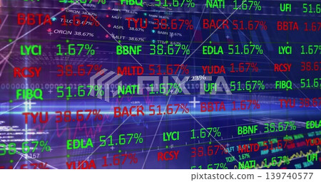 Displaying dense ticker symbols filling digital dashboard, with percentage values and line graphs Displaying dense ticker symbols filling digital dashboard, with percentage values and line graphs 139740577