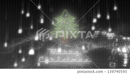 Glowing neon Christmas tree showing Merry Christmas text in virtual data space with falling binary Glowing neon Christmas tree showing Merry Christmas text in virtual data space with falling binary 139740593