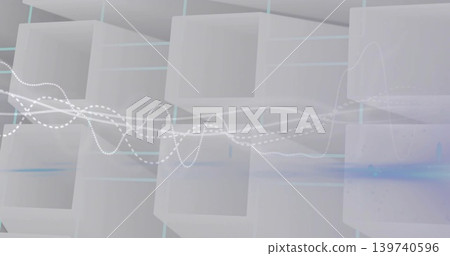 Flowing translucent waveforms crossing hollow cube grid in 3D studio, showing dotted white line Flowing translucent waveforms crossing hollow cube grid in 3D studio, showing dotted white line 139740596