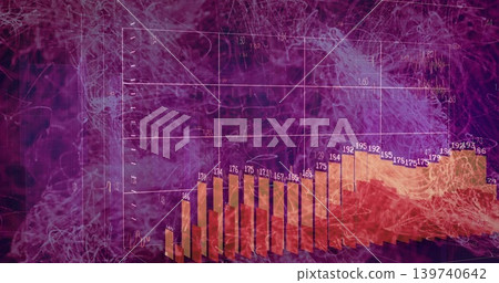 Displaying 3D bar chart cluster rising center-right in digital art, with labels, lines, grid, smoke Displaying 3D bar chart cluster rising center-right in digital art, with labels, lines, grid, smoke 139740642