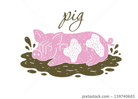 A cute pig is resting in a puddle. Pig in the mud. Hand drawn. Not AI, vector illustration. A cute pig is resting in a puddle. Pig in the mud. Hand drawn. Not AI, vector illustration. 139740683