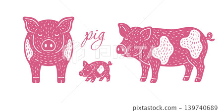 Object pink cute pig set. Hand drawn. Not AI, vector illustration. 139740689