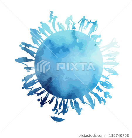 Abstract blue world and happy people. Silhouettes of people around the globe. hand drawn. Not AI, Vector illustration 139740708
