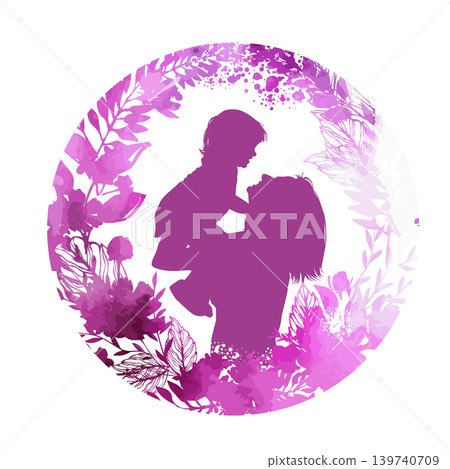 Silhouette of a mother and daughter. violet Happy Mother's Day card. hand drawn. Not AI, Silhouette of a mother and daughter. violet Happy Mother's Day card. hand drawn. Not AI, 139740709