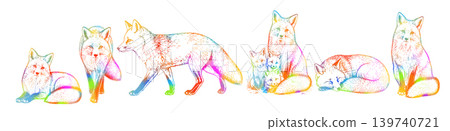Set of colored foxes . Hand drawn. Not AI, vector illustration. Set of colored foxes . Hand drawn. Not AI, vector illustration. 139740721