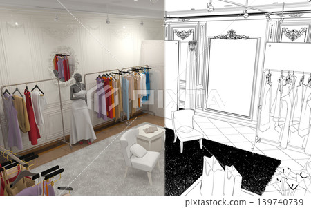clothing store, interior visualization, 3D illustration clothing store, interior visualization, 3D illustration 139740739