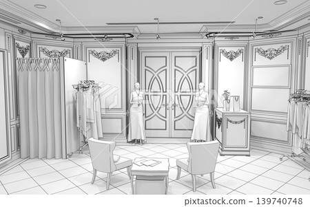 clothing store, interior visualization, 3D illustration clothing store, interior visualization, 3D illustration 139740748