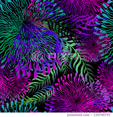 Seamless neon blue-violet floral pattern on a black background Hand drawn. Not AI, vector illustration Seamless neon blue-violet floral pattern on a black background Hand drawn. Not AI, vector illustration 139740755