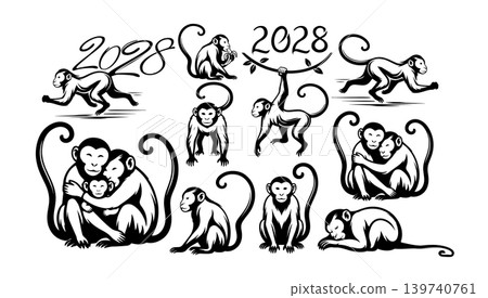 A large set of monkeys. Happy New year of the monkey 2028 greeting card for the Year of the monkey according to the Chinese calendar. Hand drawn. Not AI, vector illustration 139740761