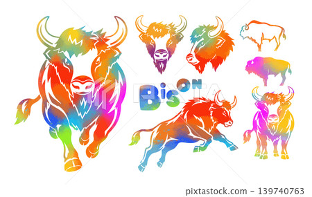Bison set of colored graphic objects . Hand drawn. Not AI, vector illustration. Bison set of colored graphic objects . Hand drawn. Not AI, vector illustration. 139740763