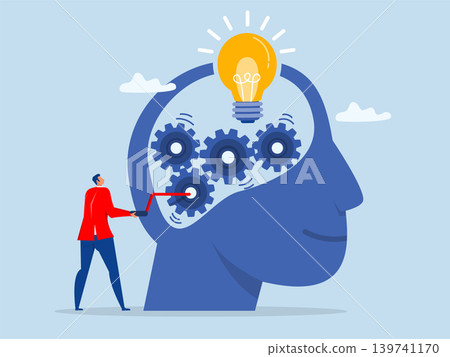 Businessman Turning Cogwheel to Help System Get New Lightbulb Idea on human head Innovation to Get Idea Solution or Improvement in System Businessman Turning Cogwheel to Help System Get New Lightbulb Idea on human head Innovation to Get Idea Solution or Improvement in System 139741170