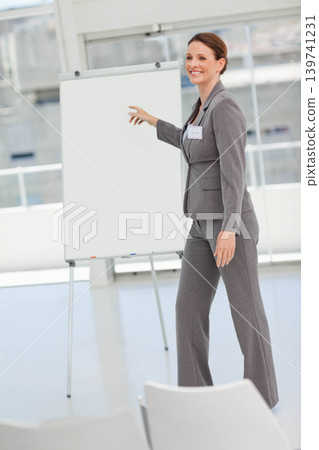 Mature woman presenter in grey suit gesturing toward flip chart and marker tray in meeting room Mature woman presenter in grey suit gesturing toward flip chart and marker tray in meeting room 139741231