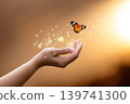 Butterfly Resting on Finger Tip Against Golden Sunset Sky. Butterfly resting finger tip hand touch freedom inspiration nature concept hope serenity golden sunset sunrise silhouette sky background 139741300