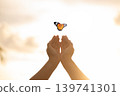 Butterfly Resting on Finger Tip Against Golden Sunset Sky. Butterfly resting finger tip hand touch freedom inspiration nature concept hope serenity golden sunset sunrise silhouette sky background 139741301