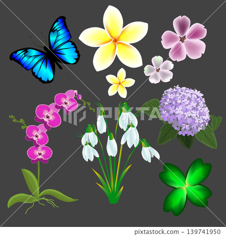 Objects flowers and butterflies gradient on gray background. Hand drawn. Not AI, vector illustration Objects flowers and butterflies gradient on gray background. Hand drawn. Not AI, vector illustration 139741950