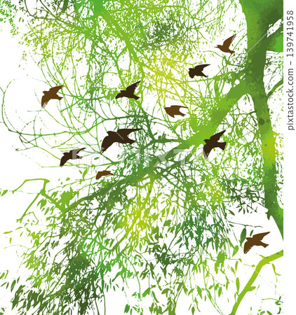 Silhouette of willow green tree branch with flying birds. Not AI, vector illustration. 139741958