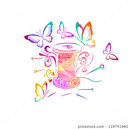 Logo of threads and needles with butterflies for a seamstress colored Hand drawn. Not AI, vector illustration. Logo of threads and needles with butterflies for a seamstress colored Hand drawn. Not AI, vector illustration. 139741960