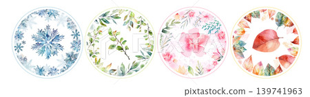Seasons of the year round frames. Hand drawn. Not AI, vector illustration. Seasons of the year round frames. Hand drawn. Not AI, vector illustration. 139741963