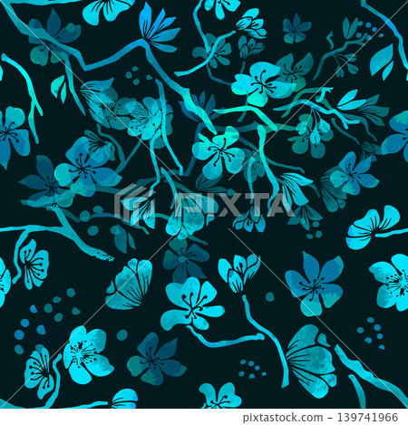 Seamless black background with blue neon sakura flowers. Hand drawn. Not AI, vector illustration 139741966