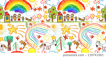 Cute kid doodle pattern. Seamless background with children's drawings. Hand drawn. Not AI, vector illustration. 139741983