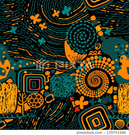Seamless abstract cheerful graphic background. Hand drawn. Not AI, minimalist vector illustration. 139741986