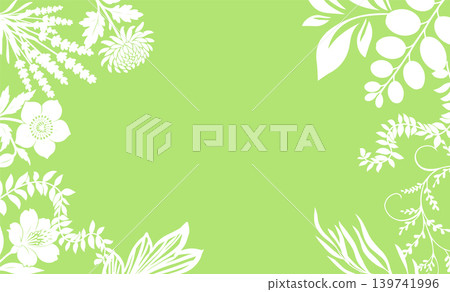 Delicate green floral frame with white flowers . Hand drawn. Not AI, vector illustration. 139741996